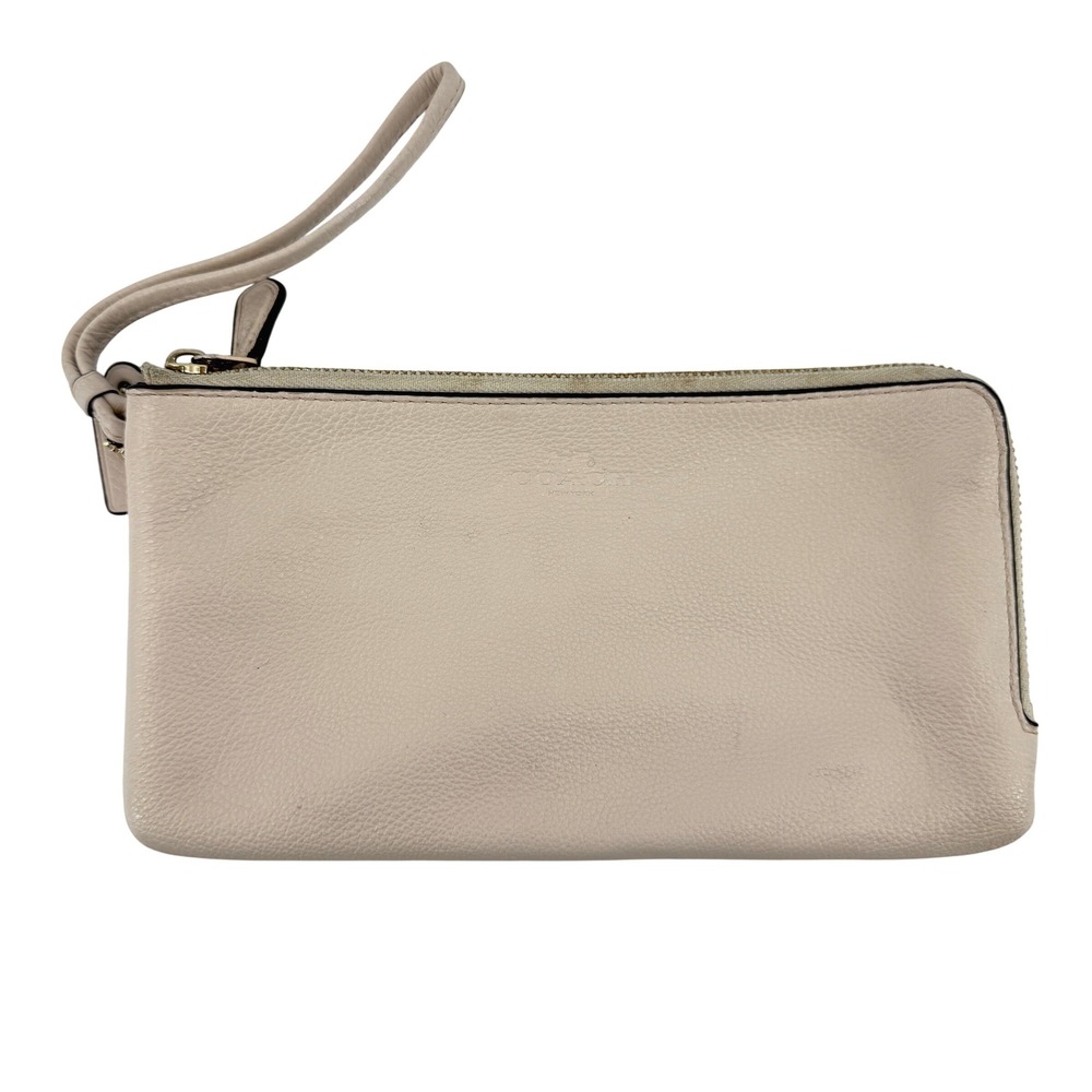 Coach Double Zip Pebble Leather Wristlet Wallet Clutch Cream F54056 Gold Accent